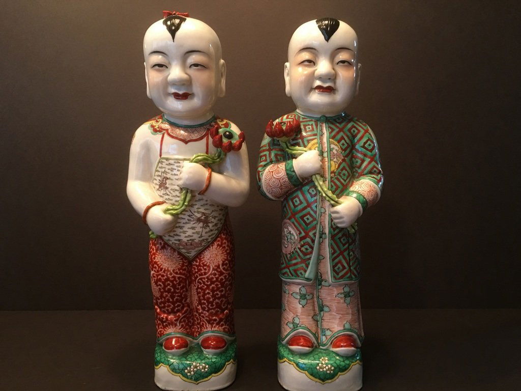 ANTIQUE Pair Chinese Famille Rose Figurines, marked by (1 of 10)