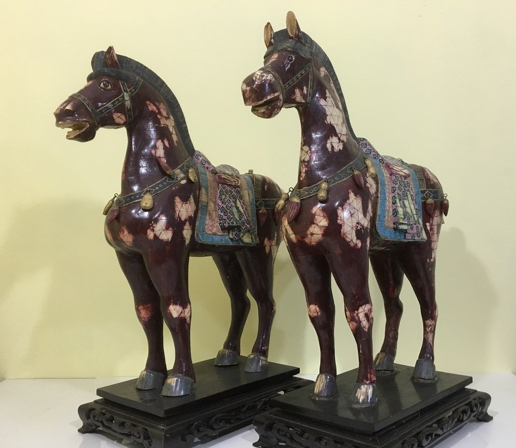 ANTIQUE Chinese Large Pair Bone Tiled Horses. Late 19th: ANTIQUE Chinese Large Pair Bone Tiled Horses. Late 19th Century. 26" H x 24 Wide