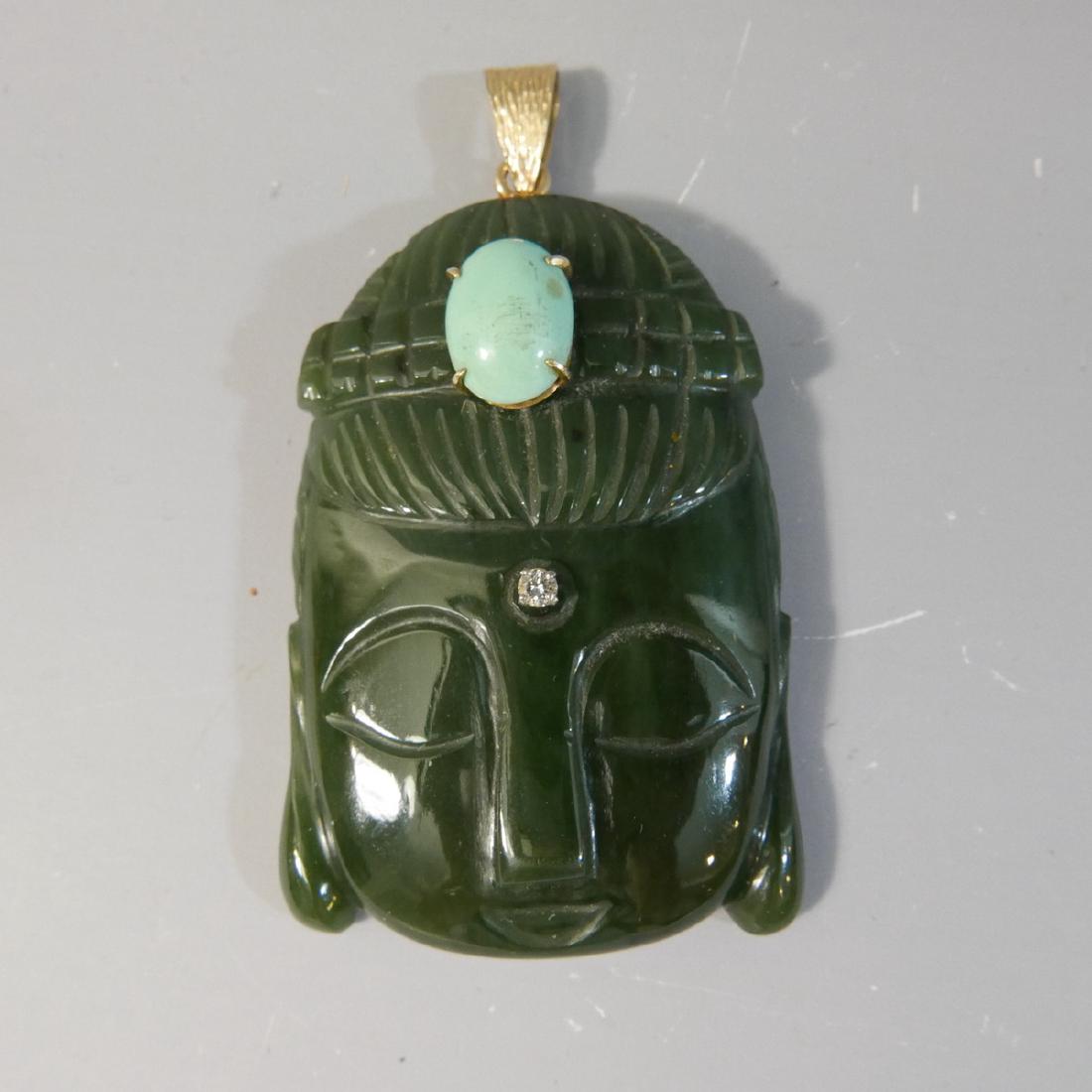 14K GOLD DIAMOND, JADE, TURQUOISE BUDDHA PENDANT - (1 of 8)