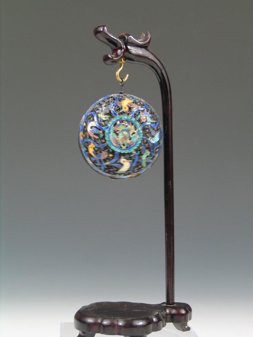 Antique Chinese Silver Incense Pouch in Wood Stand. (1 of 3)