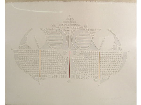 Maxwell Cast Painting Compounder: Paul Maxwell acrylic casting with acrylic paint on paper. marked: T.P., Title: Compounder, and signed lower right. White on white blind intaglio with orange and red dividing line, in a bat or bird-lik
