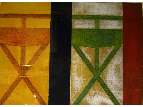 Andrew Spence Barbecue Grill: Two sheets framed together: mixed media on paper, titled, Barbecue Grill. Monoprint from plywood template, depicting two grills in profile and the wood texture in the background with layers of color.