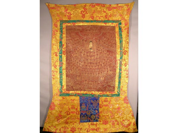 Tibetan Buddhist Antique Thangka Buddha: New border on an old Thangka with nice patina: Buddha with many Gelupka lamas (the sect of the Dalai Lama). Dark red background with gilt, red cover. 28 x 21, overall 57 x 44.