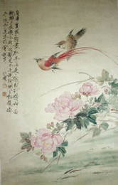 911: Chinese Scroll Painting Peonies Bird of Paradise