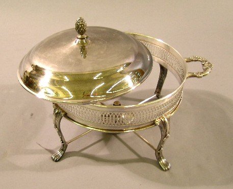Chafing Dish Silverplated American Sheffield: Nice vintage silverplate chafing dish with lid, alcohol burner, missing the 10" diameter pyrex dish. Marked: The Sheffield Co. Made in USA