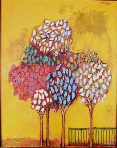David Adickes Oil Painting Spring Trees 1970's: Oil on board, titled: Spring Trees: heavy impasto trees on ochre background. Shades of red, green, blue and white, small green fence lower right. Signed Adickes, upper right. 1970's. Measures: 20 x 16