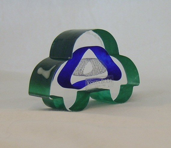 Drive My Car Kosta Boda Glass Sculpture: Fanciful Toy Car shape has a natural green glass edge, center ring is silver gilt, like a tire track, with a cobalt ring around it. Signed and Designed by Bertil Vallien, one of the great names in Art