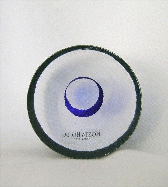 Kosta Boda Art Glass Roundabout Vallien: Roundabout from the Mysterious Envoys tablesculpture collection designed by Bertil Vallien. Polished block of glass, suggesting a tire, with oily resist pattern ringing the edge, blue ridged center ri