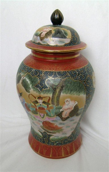 Satsuma Ginger Jar Large: Large Ginger Jar with lid has a vermilion border on a deep black field with light blue moriage. Scenery panel on one side has wonderful Japanese symbols, scene on back shows a foo lion/dog. Appears to