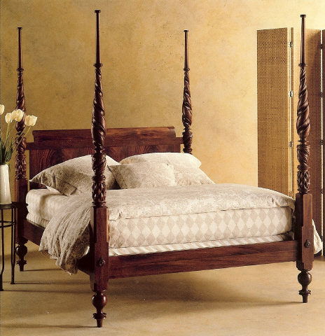 Baker Plantation King Size Poster Bed: Mahogany king size plantation bed by Baker Furniture Co., the Milling Road Collection, made in the USA. Label reads: "Inspired by the cabinetmakers of St. Croix and authorized by the St. Croix Landmar