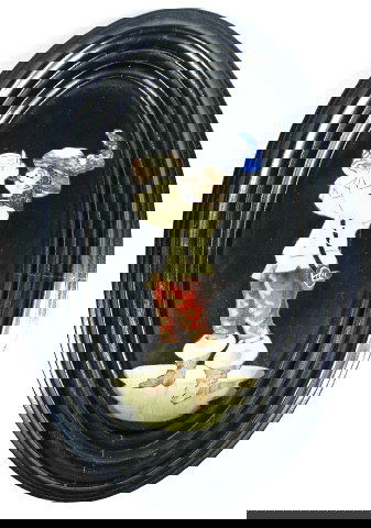 Pietra Dura Plaque Italian Antique: Inlaid mosaic Pietra Dura plaque depicting a Cavalier drinking from a jug, wearing a blue feathered hat, yellow coat, blue pants, and wonderful folded over boots, in a black oval frame. Italian, late