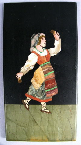 Pietra Dura Plaque Woman Italian Antique: Lovely late 19th - early 20th century Italian mosaic Pietra Dura plaque, depicting a Dancing Maiden with bells in her hands, wearing a striped apron. She is a nice accompaniment to the Cavalier, and p