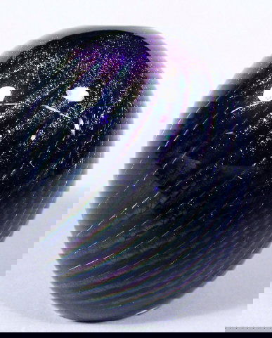 C. Ries 1974 Art Glass Paperweight Vase: CHRISTOPHER RIES: Iridescent blue paperweight vase, swirled pattern on cobalt ground. Pontil mark is ground. Edge chip. Signed Christopher Ries, 1974. One of several of Ries' works in this sale. 3.5"