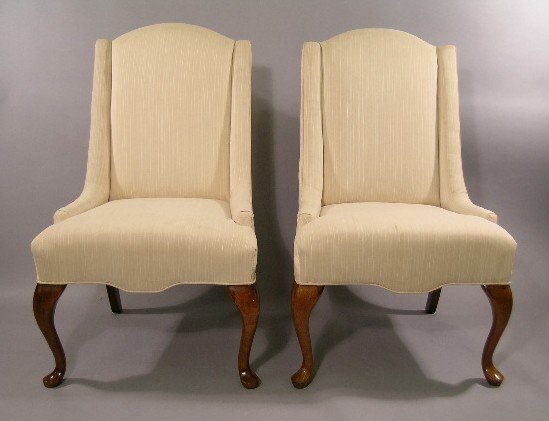 Pair Queen Anne Hostess Chairs: Pair of Queen Anne hostess chairs, nearly armless, often used as pull up chairs for extra seating at the dining table, as they do not lean back very far. White fabric. See also next lot. 42H 21D x 24.