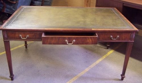 Inlaid Partners Table Desk Mahogany Leather Top: Mahogany green leather top Partners Table Desk. Pull outs on both ends, drawers operational one side only 3' x 5' without pullout
