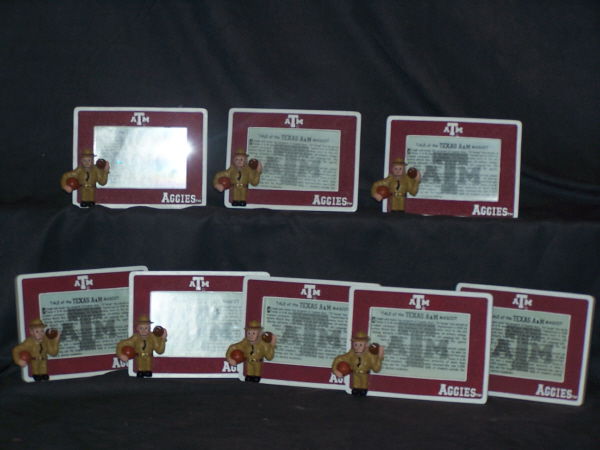 Texas Aggie "Old Sarge" Mascot Picture Frames Lot: Old Sarge was popularized by the artist Pete Tomlinson during the time of WWII. Aggies everywhere recognize this icon each frame and there are 8 hold one 4"x6" photo. One frame shows a small crack. Gi