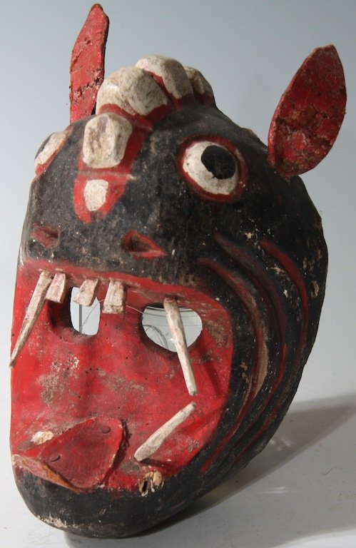 Antique Tiger Dance Mask from Guerrero: Dimensions: 12in x 7in x 6in. This mask was collected in Mexico during the 1970's and was used for ceremonial dance. This mask was collected in the state of Guerrero and depicts an abstract tigre, or 