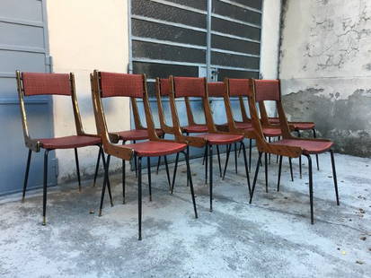 Carlo Ratti, RB, ten chairs: Carlo Ratti, ten rosewood chairs. Iron legs and brass rods. Carlo Ratti, 10 sedie con struttura in palissandro, gambe tubolare ferro e puntali in ottone. Produzione Rb. Dimensioni: 93x44x40 cm