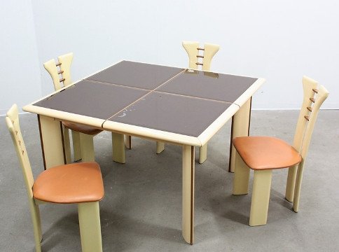 Pier Cardin, chairs and table: Pierre Cardin, set composed by 4 chairs and a table. Solid lacquered wood structure, opaline black glass plane. Original leather seats. Set 4 sedie + tavolo anni 70 design Pierre Cardin.Struttura in l