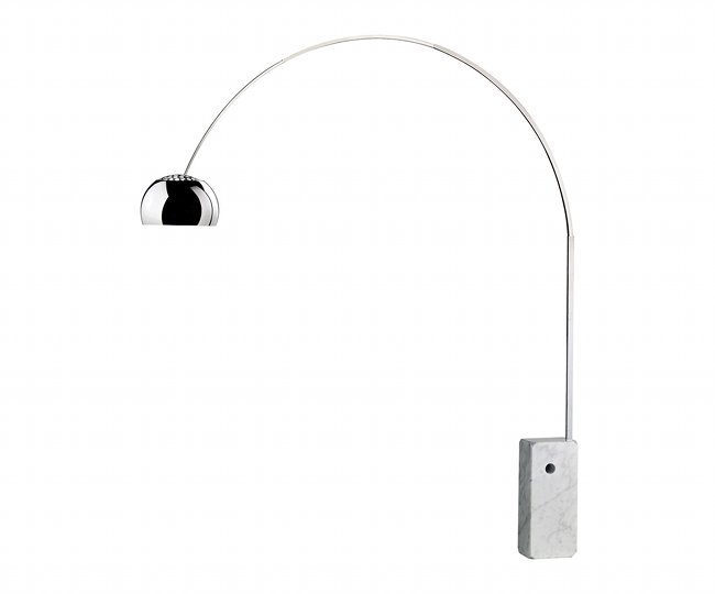 Lamp Achille e Pier Giacomo Castiglioni, Flos, 1962: A cantalever standard lamp, adonised steel suppoert on rectangular marble base. Signed with manufacturer's mark. By Achille and Pier Giacomo Castiglioni, Flos. Lampada da terra "Arco", in metallo con