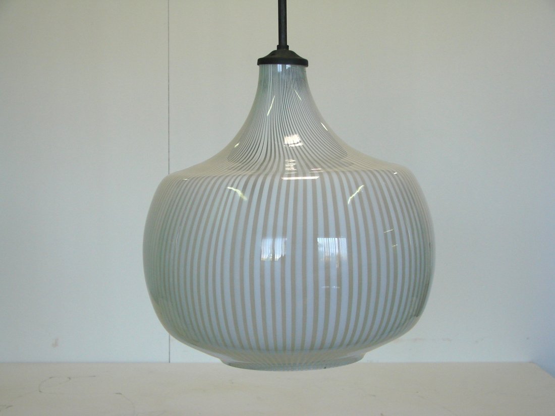 Venini, Murano, Ceiling lamp: Ceiling lamp, blown white glass and Crystal. Venini, Murano, 1950 ca. Dimensions: diameter 35 h glass 38 cm Venini, Murano, lampada a sospensione in vetro soffiato bianco e cristallo.