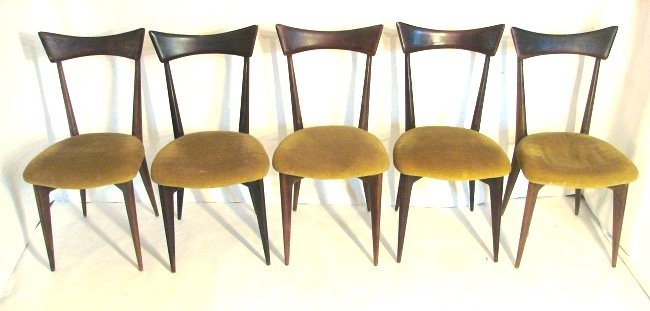 Ico Parisi, Colombo, Chairs: 5 chairs. Mahogany. 5 sedie. Legno di mogano, imbottitura. Dimensioni Prod. Ariberto Colombo, 1945. Bibliografia: G. Gramigna, Repertorio 1950-2000, pag. 19