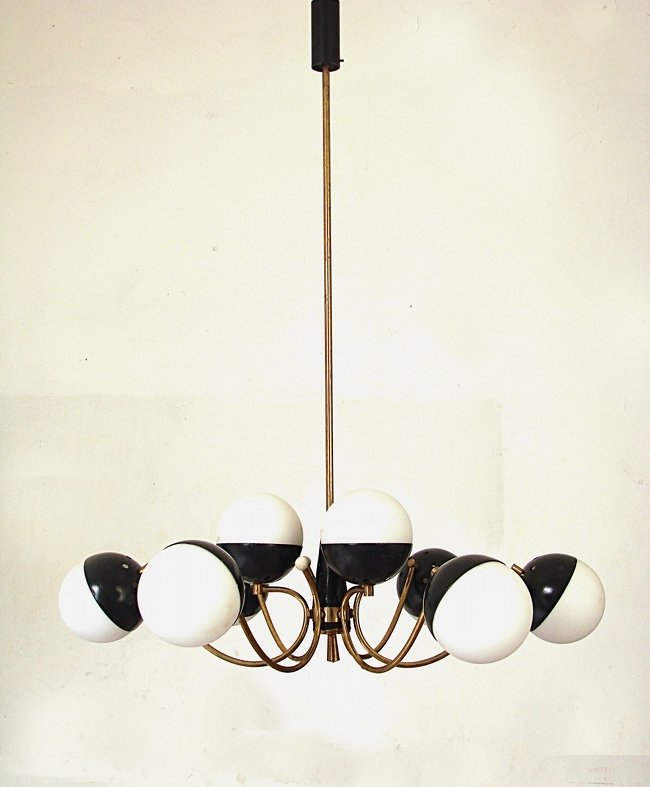 Stilnovo, ceiling lamp: Ceiling lamp. Brass structure, varnished metal and sathinized white glass diffusors. Stilnovo, 1955 ca. Dimensions: h 100 cm x 70 cm (diffusor: 10 cm) Stilnovo. Lampada a sospensione. Struttura in ott
