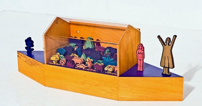 Ugo Nespolo, Arca di Noè: Decomposable object: 40 elements. Plexi and wood. Limited edition 99 numbered models + 5 out of production. Signed: Arca di Noè oggetto scomponibile Nespolo '73. Dimensions: 15,7” x 47,2 x 11,8” 