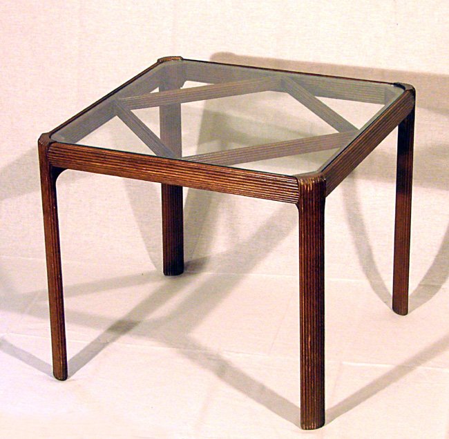 Coffee Table Italian Manufacture, 1950 ca.: Italian mid-century coffee table, c. 1950. Wood, glass top. Italian Manufacture. Tavolino in legno grissinato e piano in vetro. Dimensions: cm 52 x 60 x 60