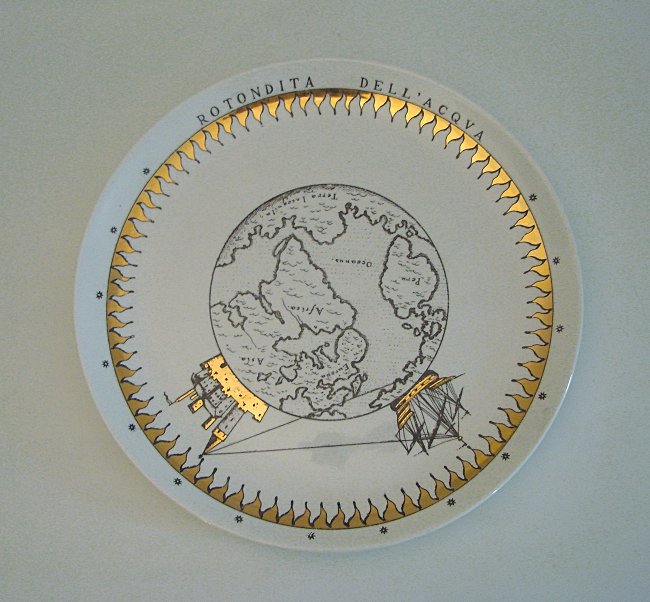 Piero Fornasetti, Plate: Silkscreen printed plate. Signed and marked on the bottom. Piero Fornasetti, 1960 ca. Dimensions:Diameter 26,5 cm Piatto in ceramica serigrafato. Firma e simbolo grafico sotto la base.