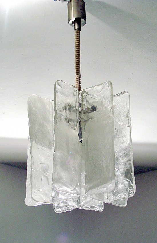 Ceiling light Carlo Nason, Mazzega, 1970 ca.: Ceiling light made with thick glass slabs. By Carlo Nason, Mazzega, 1970 ca. Dimensions: 70 cm, 33 x 33 cm. Lampada a sospensione formato da piastre in vetro di grosso spessore.
