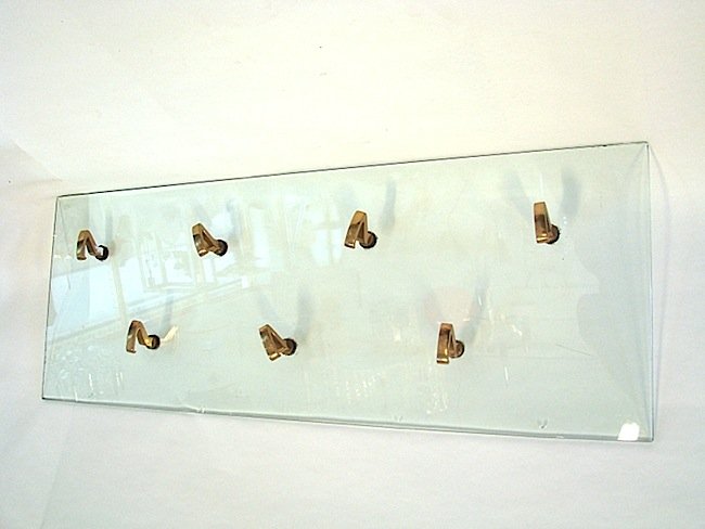 Tecno, Osvaldo Borsani, coat hanger: Temperato glass coat hanger; brass hooks. Osvaldo Borsani, Tecno, 1950. Dimensions: 94x35 cm (37" x 13,8") . Osvaldo Borsani per Tecno, Appendiabiti vetro temperato e ganci ottone, 1950. Dimensioni: 9