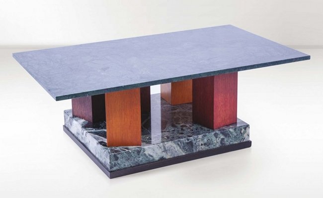 Ettore Sottsass, Ultime Edizioni, coffee table: Rare coffee table, marble and wood. Ettore Sottsass, Ultime Edizioni Prod., Italia, 1988. Dimensions: 47"x 17"x 27,5"). Raro tavolo basso in marmo e legno. Prod. Ultime Edizioni, Italia, 1988 Dimensio