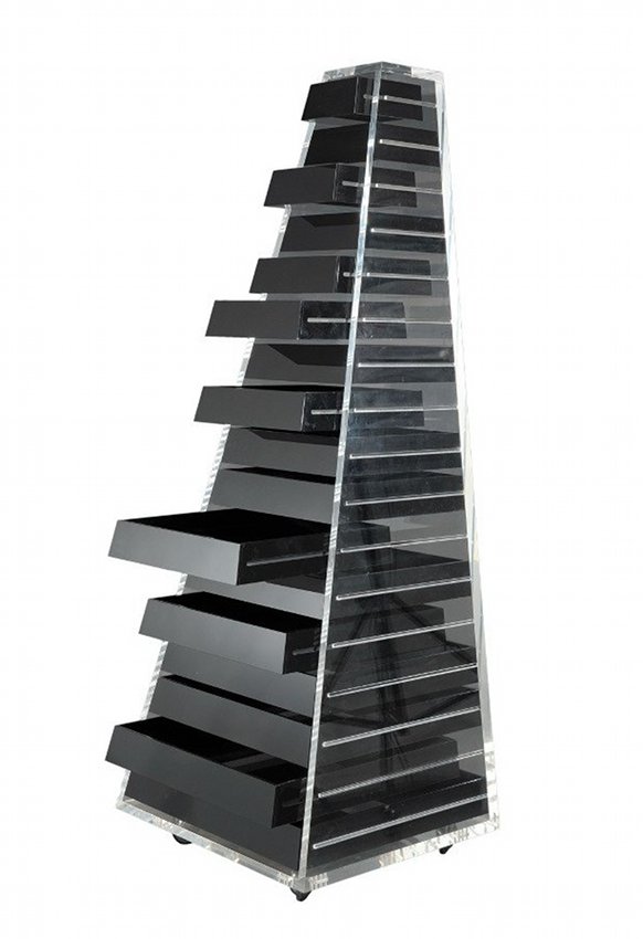 Shiro Kuramata, Prod. Cappellini, Piramyd: Piece of furniture, drawers, wheels, black methacrylate. Prod. Cappellini, 1968 ca. Dimensions 27,5"x 23,6", h 72" Mobile a cassetti su ruote in metacrilato nero. Prod. Cappellini. 1968 ca. Dimensioni