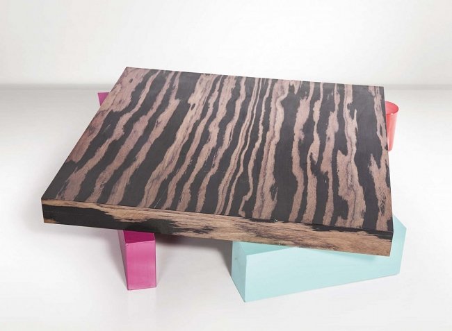 Ettore Sottsass, coffee table: Ettore Sottsass, laminated wood coffee table. Alessi Prod. 180 ca. Dimensions: 55"x11,8"x 53" Ettore Sottsass. Tavolino in legno laminato. Prod. Alessi, 1980 ca. Dimensioni: cm 140x30x135