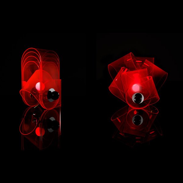 Superstudio - GHERPE lamp, Poltronova: 1968 Description: Body made from laser-cut and heat-formed Perspex in white or fluorescent pink, with chrome-plated brass fittings and an incandescent lamp (60 Watt). Corpo costituito da lastre di per