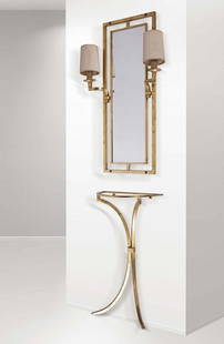 Robert Thibier, consolle and wall mirror: Robert Thibier. Consolle and wall mirror with pair of lamps. Iron, marble, brass. Consolle e specchio da parete con due appliques. Dimensioni: consolle: 47 x 78 x 24 cm (18,5" x 30,7" x 9,4") -