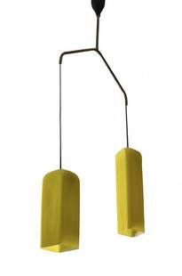 Luciano Vistosi, ceiling lamp: Luciano Vistosi, ceiling lamp with two lights. Incamiciato yellow glass. 1960 ca. Luciano Vistosi, sospensione a due luci. Vetro giallo incamiciato. Anni Sessanta ca. Dimensioni: h 135 cm, l 60 cm