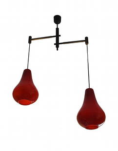 Luciano Vistosi, ceiling lamp: Luciano Vistosi, ceiling lamp with two lights. Incamiciato red glass. 1960 ca. Luciano Vistosi, sospensione a due luci. Vetro rosso incamiciato. Anni Sessanta ca. Dimensioni: h 113 cm, l 70 cm, h vetr