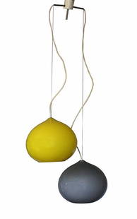 Luciano Vistosi, ceiling lamp: Ceiling lamp. Yellow and grey glass. 1960 ca. Luciano Vistosi, sospensione a due luci. Vetro giallo e grigio incamiciato. Anni Sessanta ca.