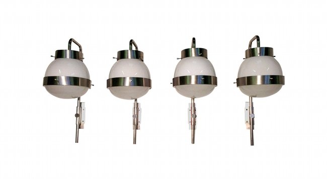 Sergio Mazza, Artemide, four Delta sconces: Sergio Mazza for Artemide "Delta" sconces, white glass and metal, 1960. Quattro lampade da parete modello Delta il vetro bianco e metallo. Sergio Mazza, Artemide, 1960. Bibliografia: Repertorio Gramig