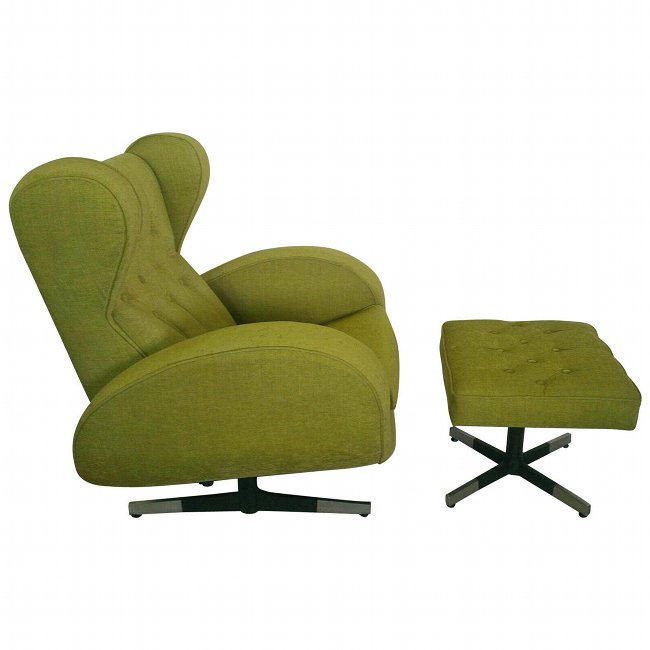 Formanova, armchair: Formanova, armchair with puff. Green velvet covering, perfect stuff, varnished metal structure. 1960 ca. Formanova. Poltrona con puff. Rivestimento in velluto verde, imbottitura perfetta, struttura in