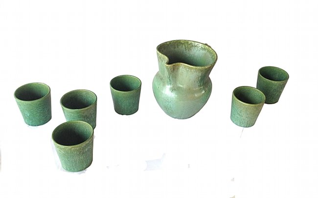 Guido Andlovitz, Lavenia, pitcher and glasses: Pitcher and six pottery glasses. Guido Andlovitz, Lavenia, 1950 ca. Brocca e sei bicchieri in ceramica. Guido Andlovitz, Manifattura Lavenia, 1950 ca.