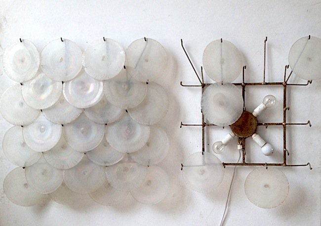 Carlo Nason, Mazzega, two wall lamps: Carlo Nason, Mazzega, Pair of wall lights. Blown iridescent Murano glass, metal structures. 1968. Carlo Nason. Coppia di pannelli luminosi. Elementi in vetro soffiato iridescente, struttura in metallo
