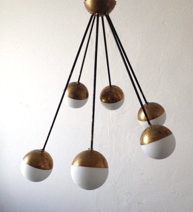 Italian Manufacture, ceiling lamp: Italian Manufacture, Six lights ceiling lamp. Brass, white frosted glass. Manifattura italiana. Lampada a plafone a sei luci. Ottone, vetro bianco satinato. Dimensioni: h 70 cm (27,55"), larghezza 60 