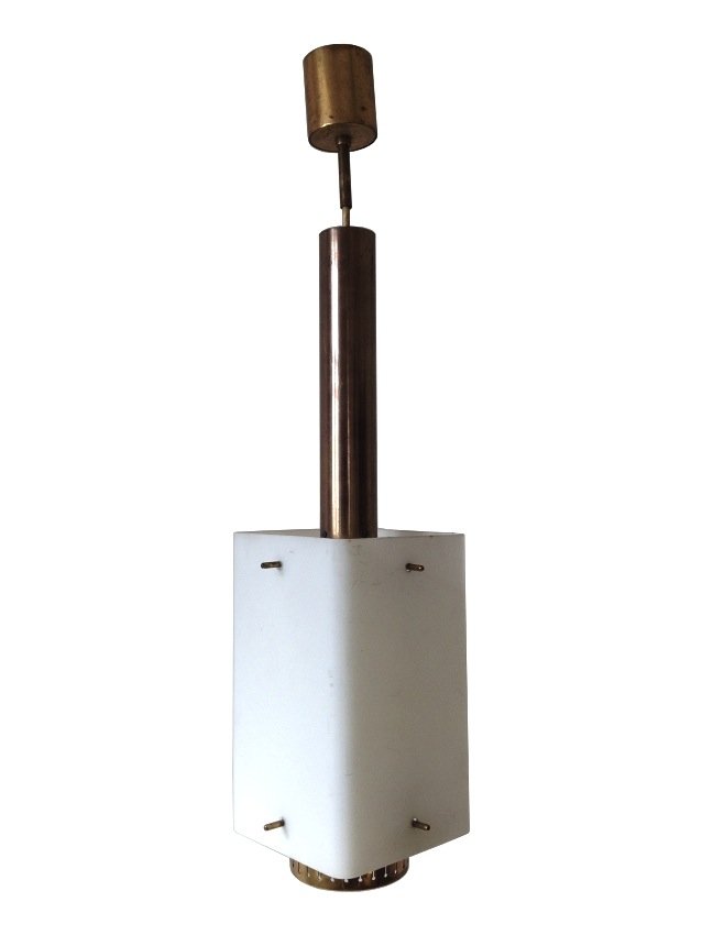 Stilnovo, hanging light: Stilnovo, Hanging lamp. Brass, frosted white glass. 1950 ca. Stilnovo. Lampada a sospensione. Ottone, vetro bianco satinato. Dimensioni: h 70 cm (27,55"), l 17,5 cm (6,88"), h vetro 25 cm (9,84") 1950