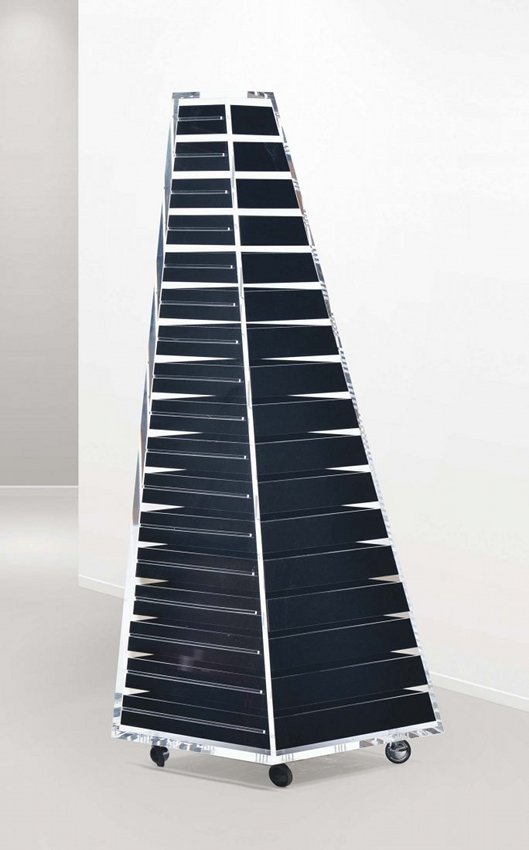 Shiro Kuramata, chest of drawers: Shiro Kuramata, Pyramid. Chest of drawers on castors. Pyramid-shaped structure in transparent acrylic resin, 17 drawers in black acrylic resin; available in different dimensions. Cappellini, Italia, 2