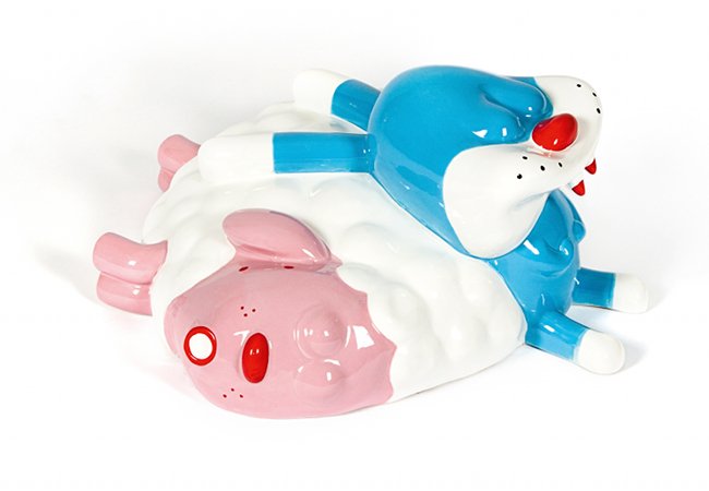 M. Giacon, Superego, Pisolino: An earthenware sculpture representing a rabbit taking a nap on a sheep. Limited edition of 50. Artist's and producer's stamps. M. Giacon. Pisolino. Ceramica policroma della collezione The pop will eat