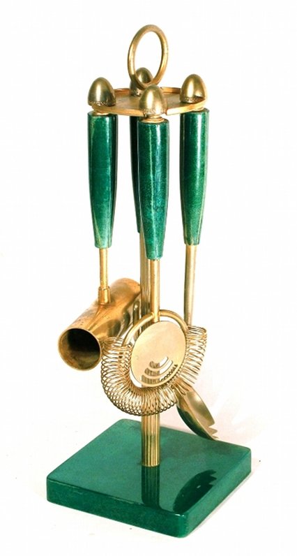 Aldo Tura, cocktail set: A. Tura. Cocktail set. Brass, parchment. Label. Set da cocktail. Ottone, pergamena. Etichetta.