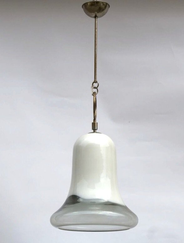 Esperia, Hanging lamp.: Esperia, Hanging lamp. Chromed metal, Blown glass. Esperia. Lampada a sospensione. Metallo cromato, vetro soffiato. Dimensioni: h 110 cm (43,3"), diametro 38 cm (14,9") 1970 ca.